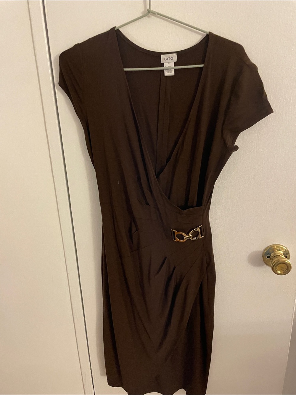 Cache Brown Faux-Wrap Midi Dress with Gold Buckle Accent